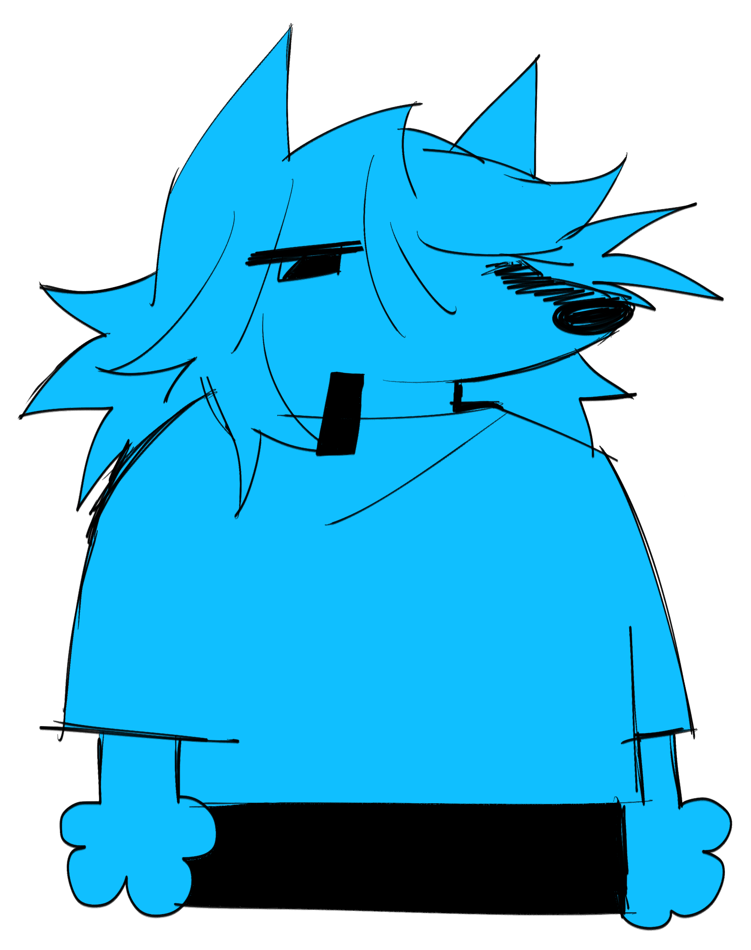 a drawing colored blue of treb, he is a guy with long hair a pointy dog ears